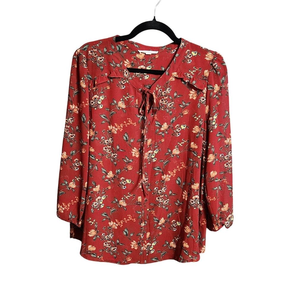Fun2Fun Women’s Size Large Blouse Rust Floral Tie-Neck Top